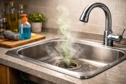 ריח מוזר ליד הכיור במטבח ביתי עם אדים העולים מהניקוז, סימן להצטברות שומנים, לכלוך או בעיית ניקוז בצנרת מתחת לכיור