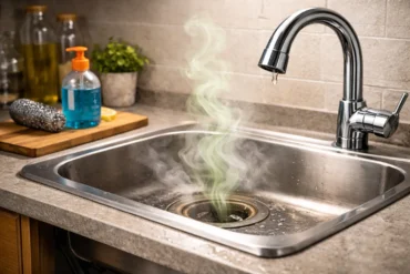 ריח מוזר ליד הכיור במטבח ביתי עם אדים העולים מהניקוז, סימן להצטברות שומנים, לכלוך או בעיית ניקוז בצנרת מתחת לכיור