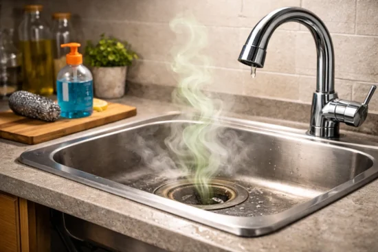 ריח מוזר ליד הכיור במטבח ביתי עם אדים העולים מהניקוז, סימן להצטברות שומנים, לכלוך או בעיית ניקוז בצנרת מתחת לכיור